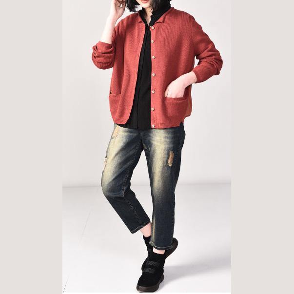 Oversized red single-one knit blouse plus size v neck knit sweat tops pockets - Omychic