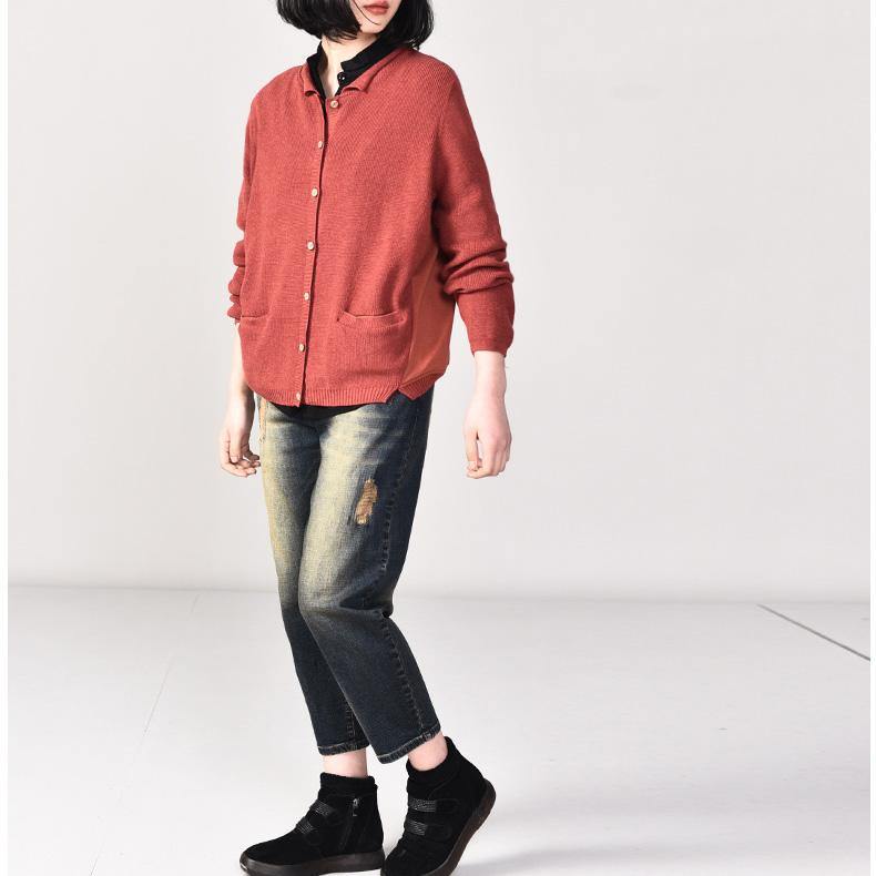Oversized red single-one knit blouse plus size v neck knit sweat tops pockets - Omychic