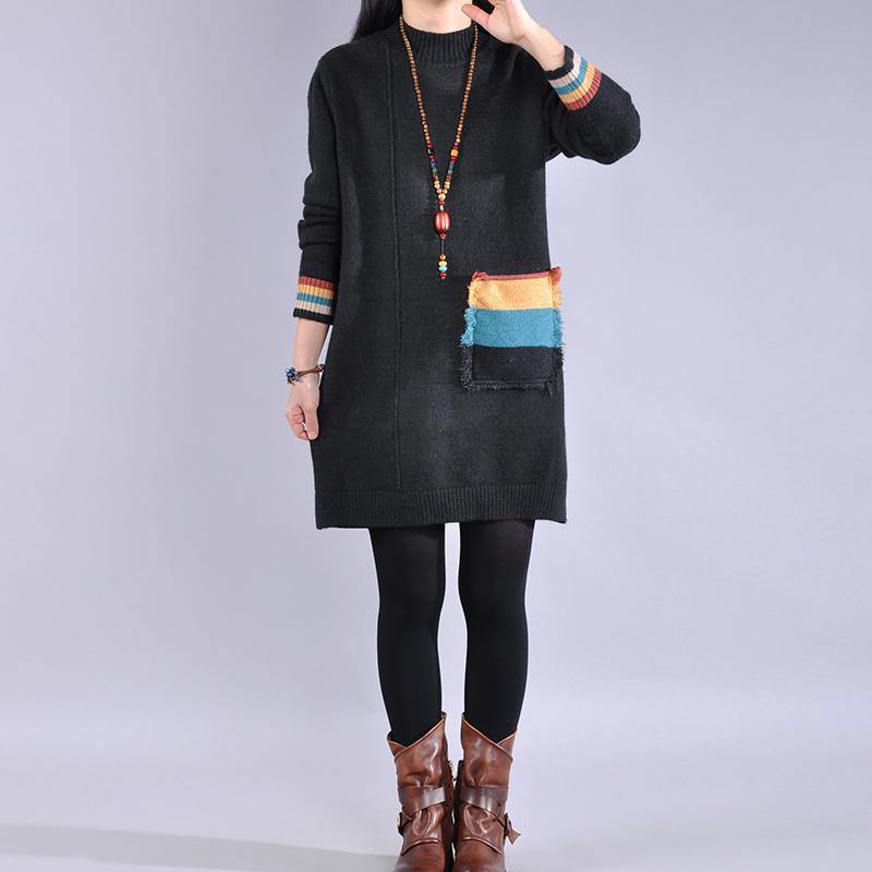 Oversized side open Sweater patchwork pockets dress outfit Upcycle black Largo sweater dress - Omychic
