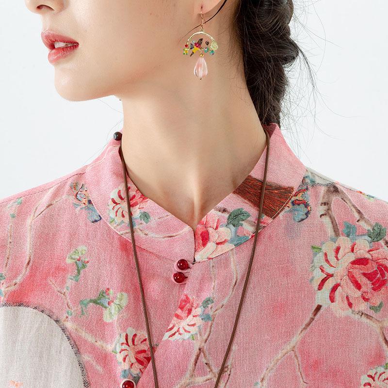 2021 Plus Size 100% Linen Floral Print Vintage Shirt - Omychic