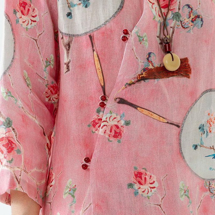 2021 Plus Size 100% Linen Floral Print Vintage Shirt - Omychic