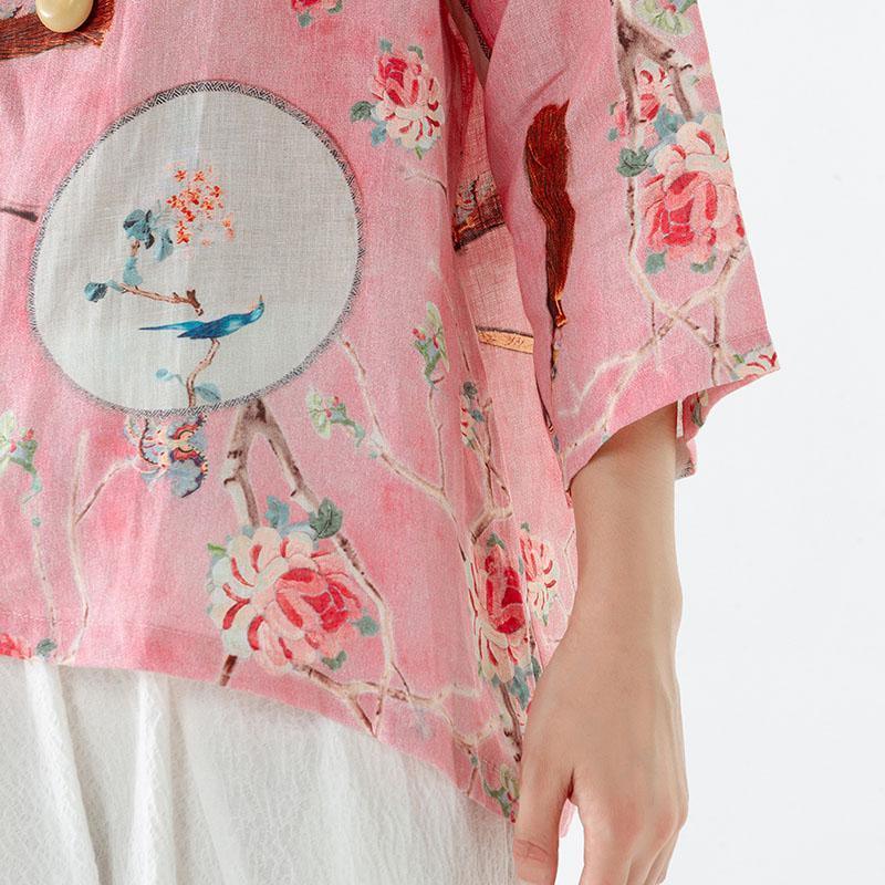 2021 Plus Size 100% Linen Floral Print Vintage Shirt - Omychic