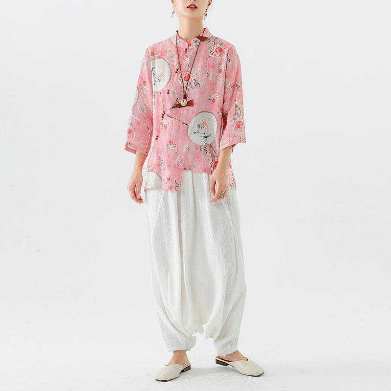 2021 Plus Size 100% Linen Floral Print Vintage Shirt - Omychic