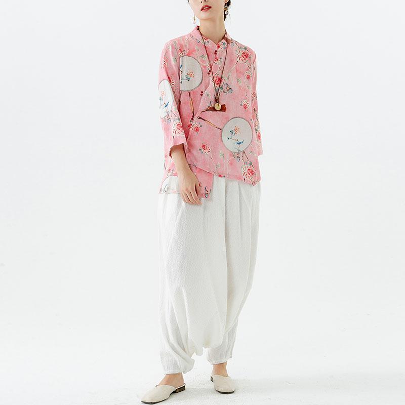 2021 Plus Size 100% Linen Floral Print Vintage Shirt - Omychic