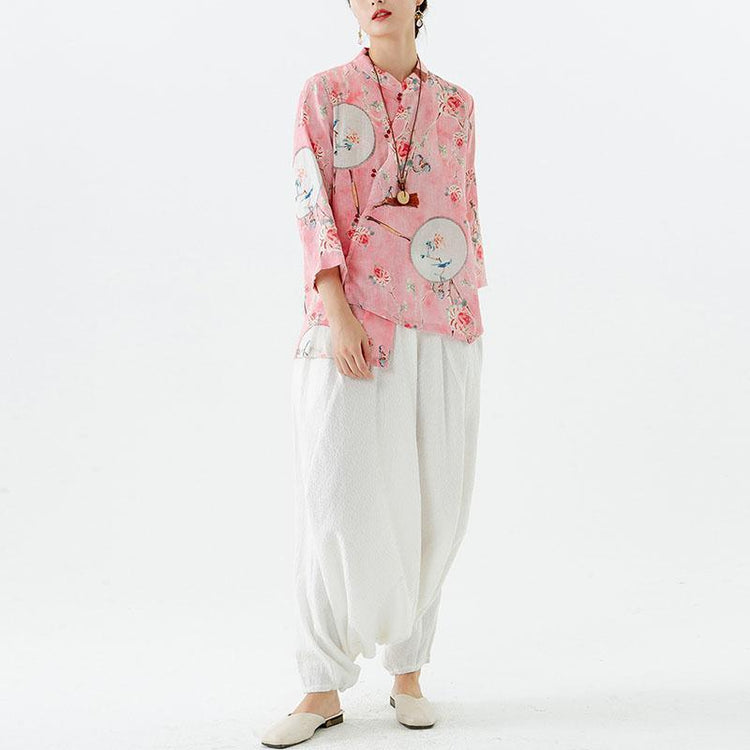 2021 Plus Size 100% Linen Floral Print Vintage Shirt - Omychic