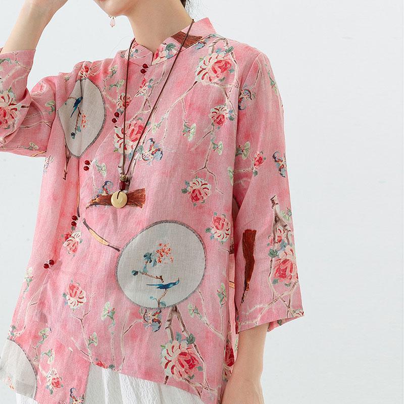 2021 Plus Size 100% Linen Floral Print Vintage Shirt - Omychic