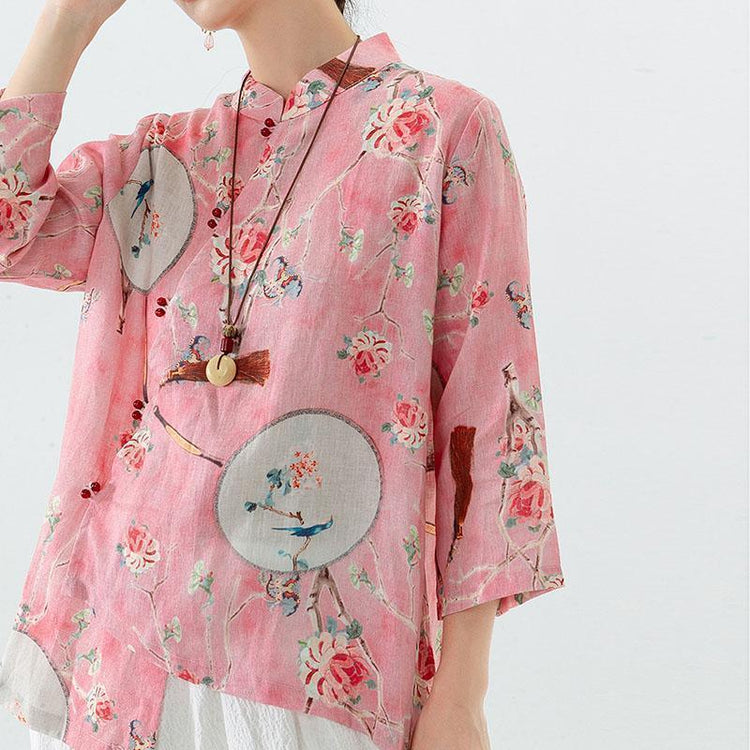 2021 Plus Size 100% Linen Floral Print Vintage Shirt - Omychic
