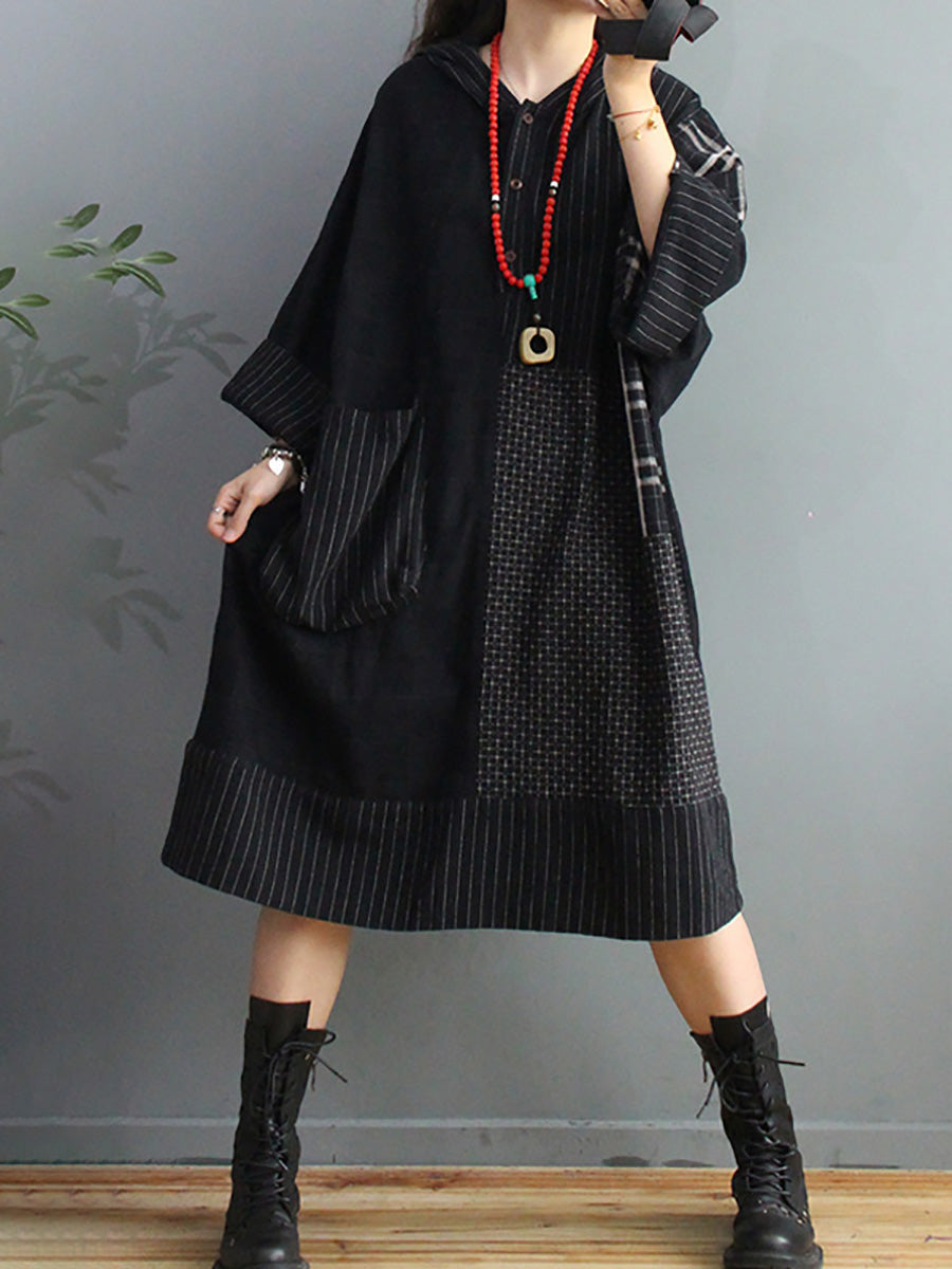 Loose Retro Black Plaid Big Pocket Hooded Dress