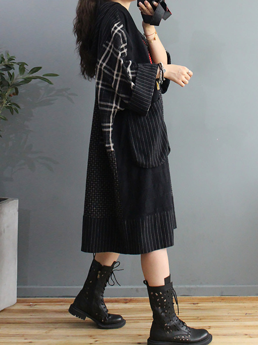 Loose Retro Black Plaid Big Pocket Hooded Dress