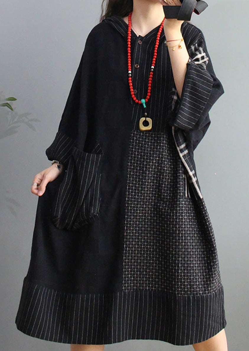 Loose Retro Black Plaid Big Pocket Hooded Dress