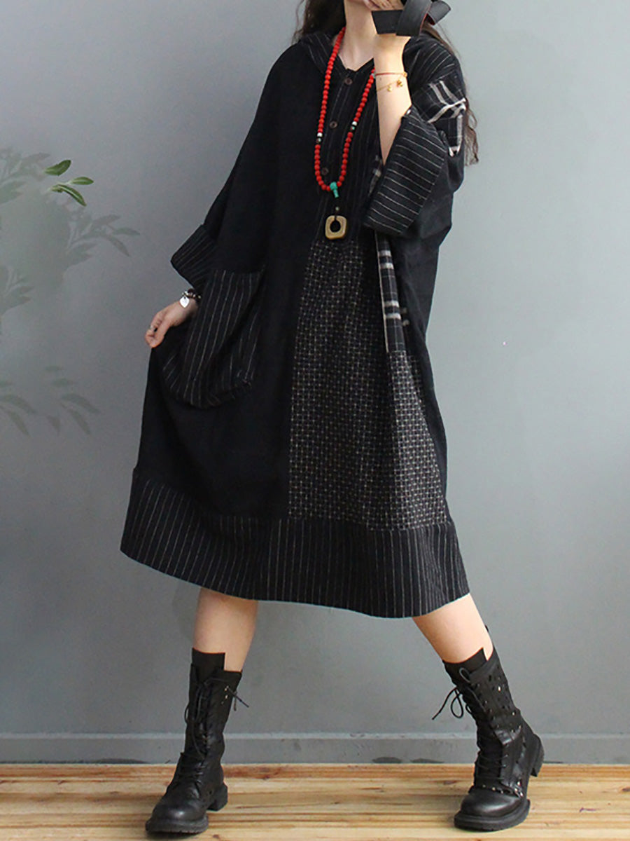 Loose Retro Black Plaid Big Pocket Hooded Dress