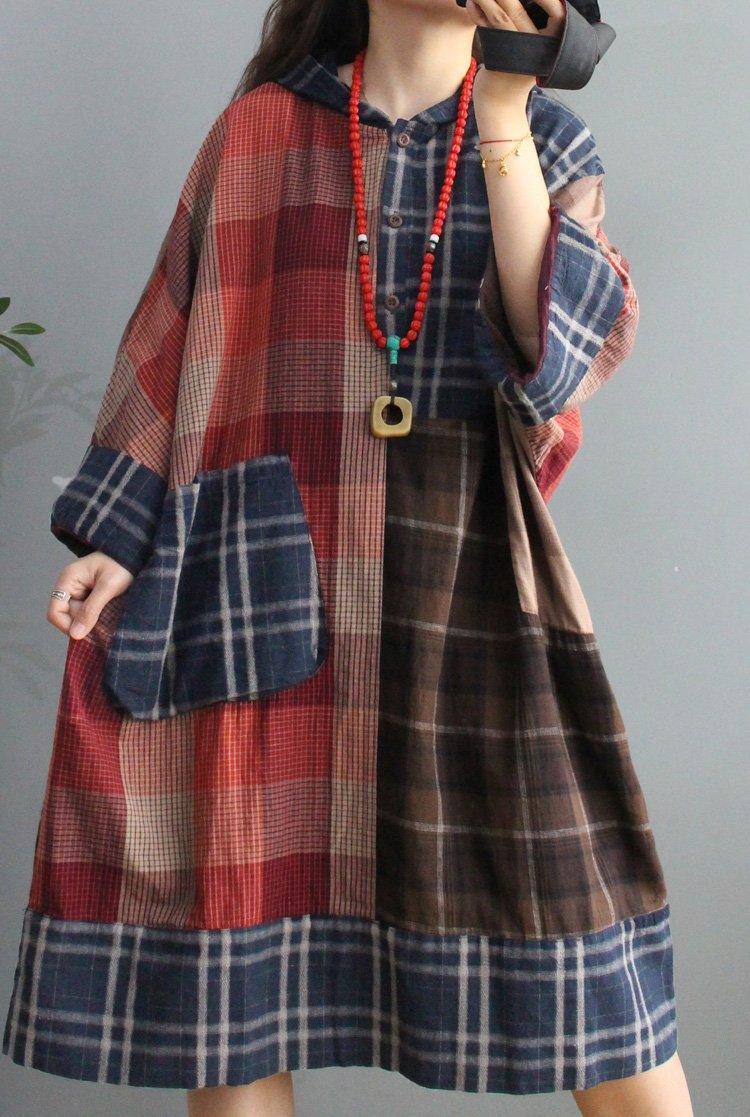 DIY Vintage Plaid Big Pocket Hoodie Dress - Omychic