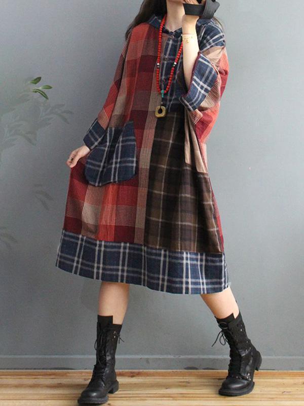 DIY Vintage Plaid Big Pocket Hoodie Dress - Omychic