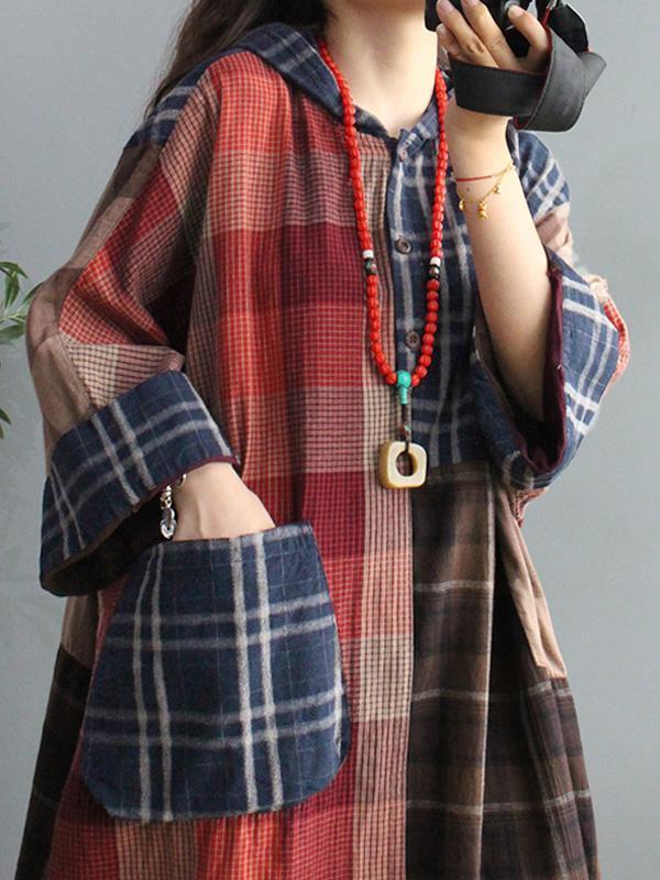 DIY Vintage Plaid Big Pocket Hoodie Dress - Omychic