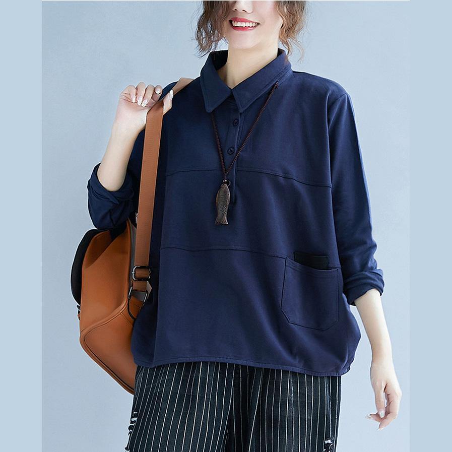POLO collar cotton Long Shirts Sewing blue blouse autumn - Omychic