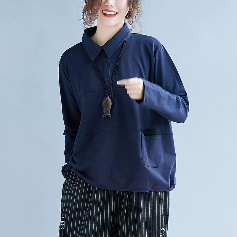 POLO collar cotton Long Shirts Sewing blue blouse autumn - Omychic