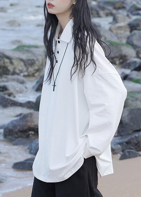 POLO collar long-sleeved T-shirt white - Omychic