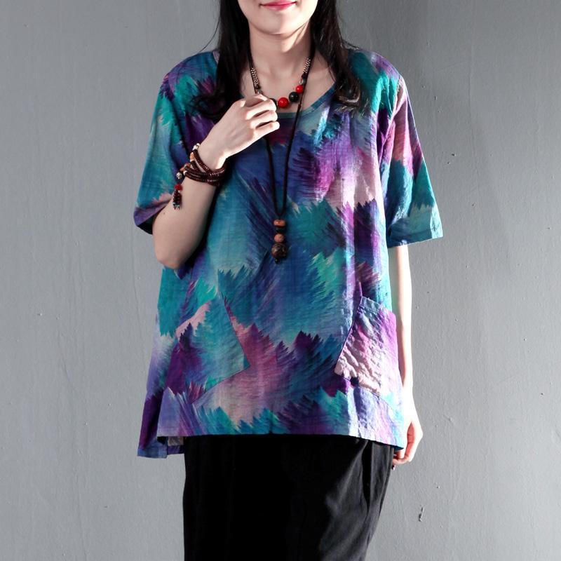 Painted rainbow blue women summer t shirt oversize blouse causal short top - Omychic