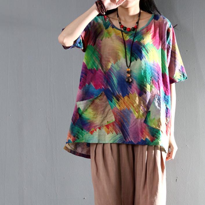 Painted rainbow yellow cotton t shirt women summer blouse top - Omychic