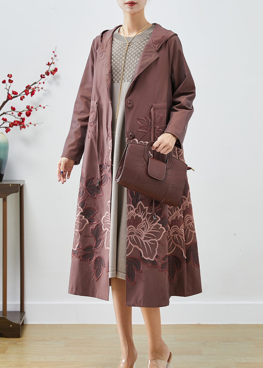 Pale Mauve Spandex Trench Coat Embroideried Tie Waist Fall