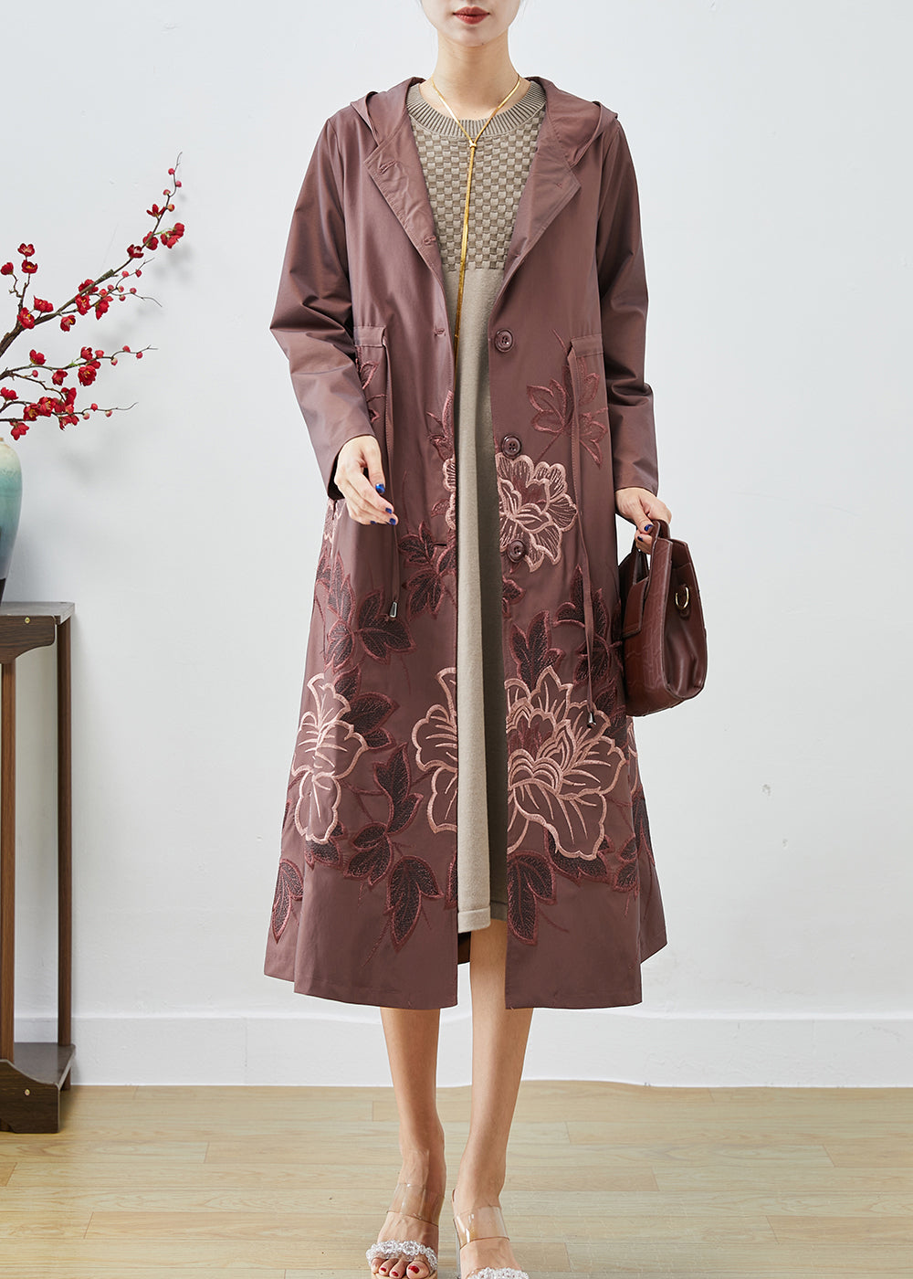 Pale Mauve Spandex Trench Coat Embroideried Tie Waist Fall