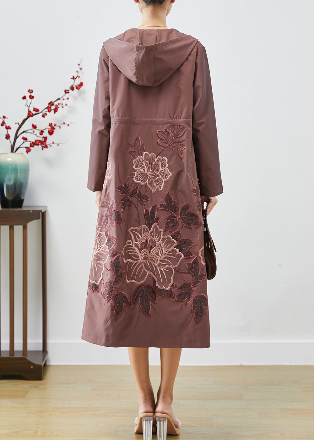 Pale Mauve Spandex Trench Coat Embroideried Tie Waist Fall
