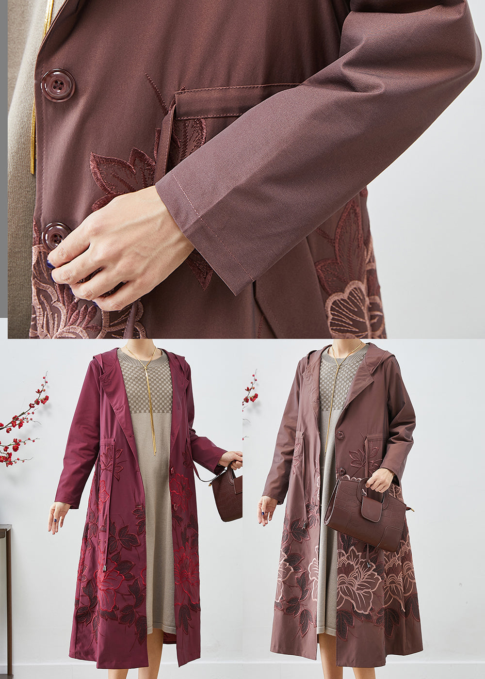 Pale Mauve Spandex Trench Coat Embroideried Tie Waist Fall