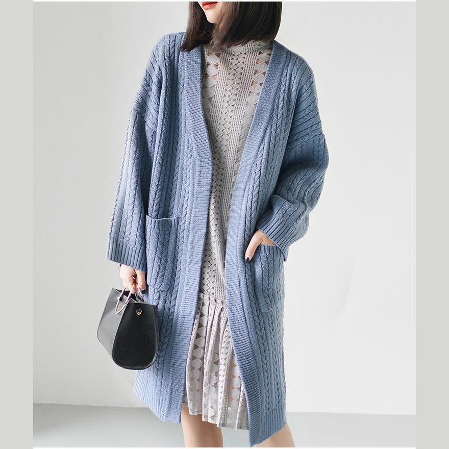 Pale blue knit coats long sweaters plus size casual outwear - Omychic
