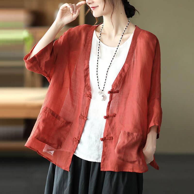 2021 Plus Size Ramie Pocket Vintage Sunscreen Cardigans Top - Omychic