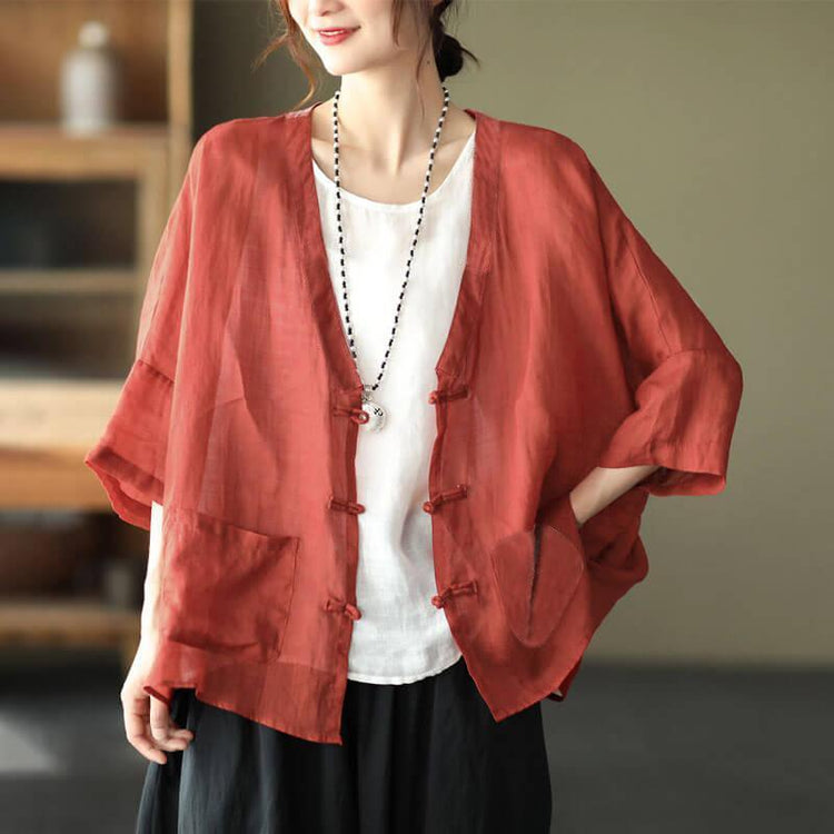 2021 Plus Size Ramie Pocket Vintage Sunscreen Cardigans Top - Omychic