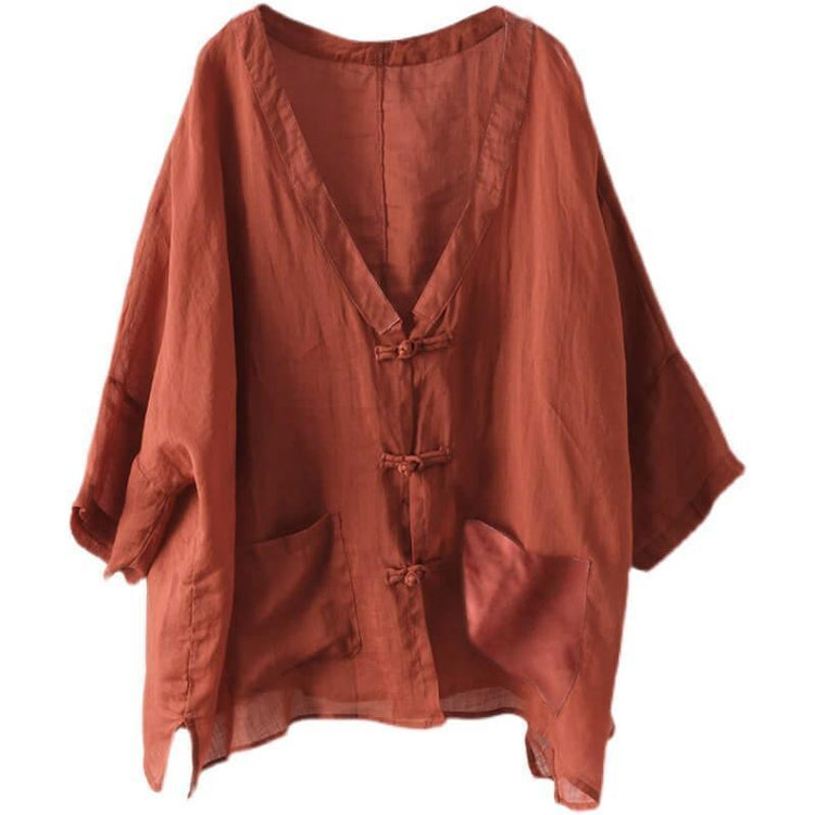 2021 Plus Size Ramie Pocket Vintage Sunscreen Cardigans Top - Omychic