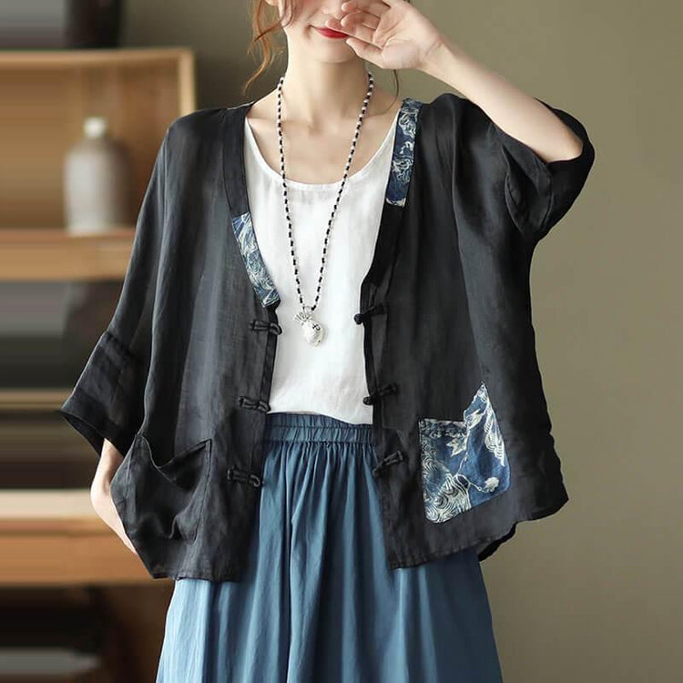 2021 Plus Size Ramie Pocket Vintage Sunscreen Cardigans Top - Omychic