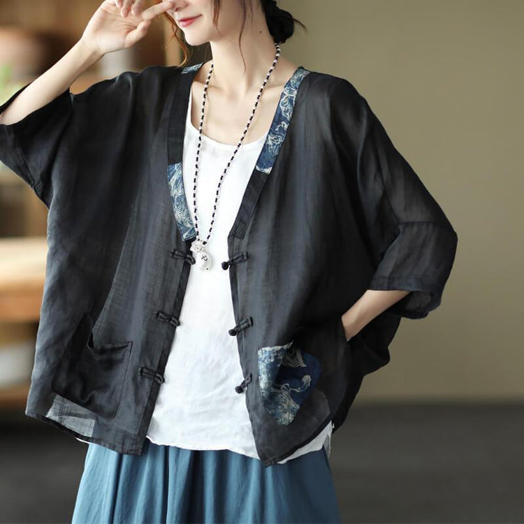 2021 Plus Size Ramie Pocket Vintage Sunscreen Cardigans Top - Omychic