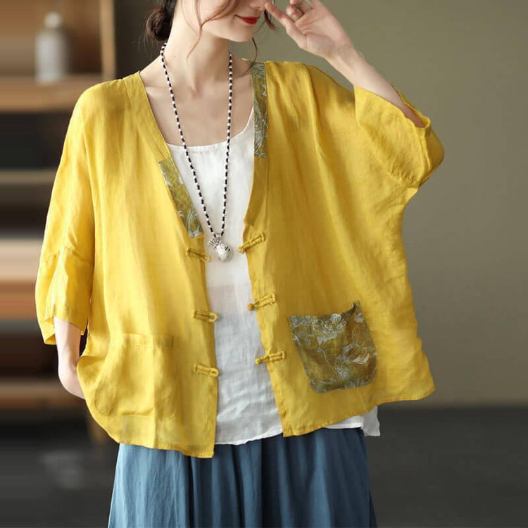 2021 Plus Size Ramie Pocket Vintage Sunscreen Cardigans Top - Omychic