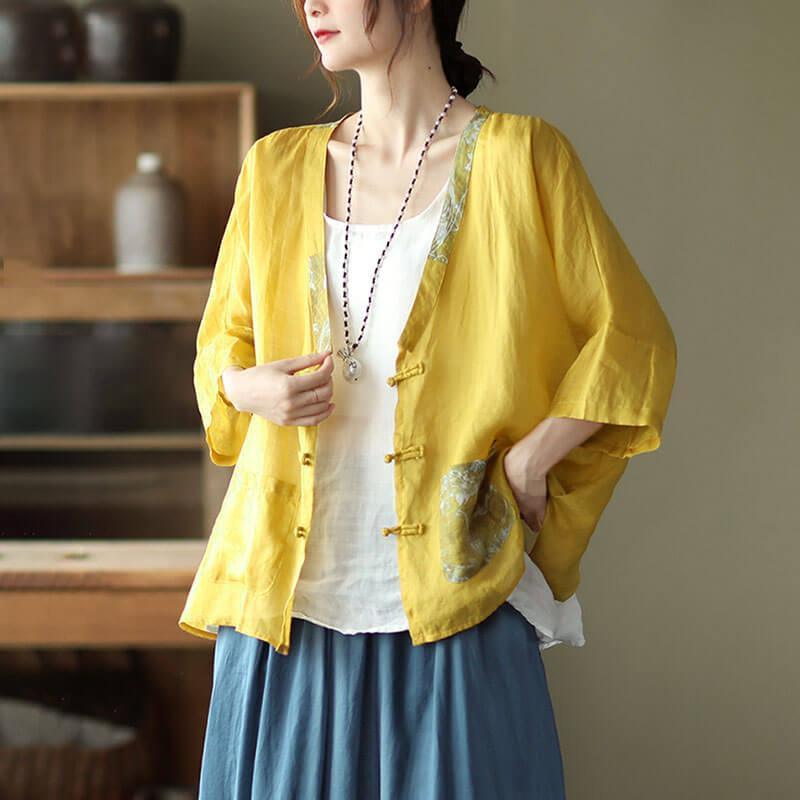 2021 Plus Size Ramie Pocket Vintage Sunscreen Cardigans Top - Omychic