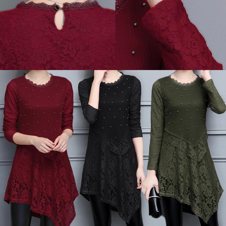 Patchwork lace knit dresses baggy loose slim o neck women dress - Omychic