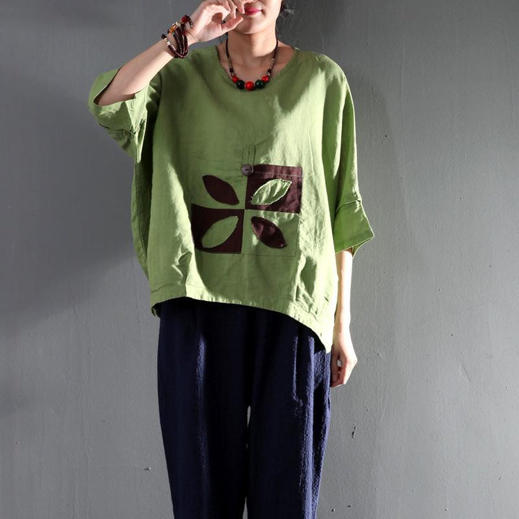 Peaceful life green women summer top short blouse linen plus size t shirt - Omychic