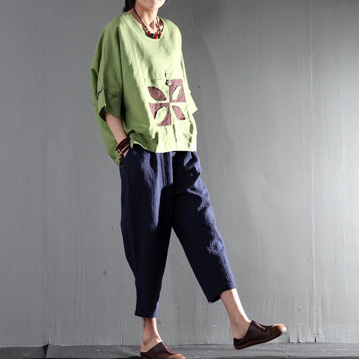 Peaceful life green women summer top short blouse linen plus size t shirt - Omychic