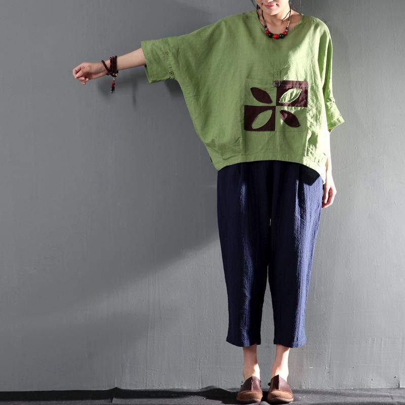Peaceful life green women summer top short blouse linen plus size t shirt - Omychic