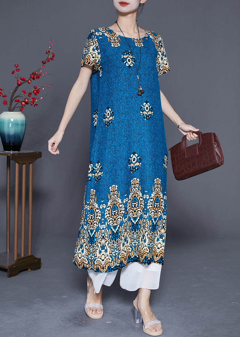 Peacock Blue Print Cotton Party Dress Oversized Summer