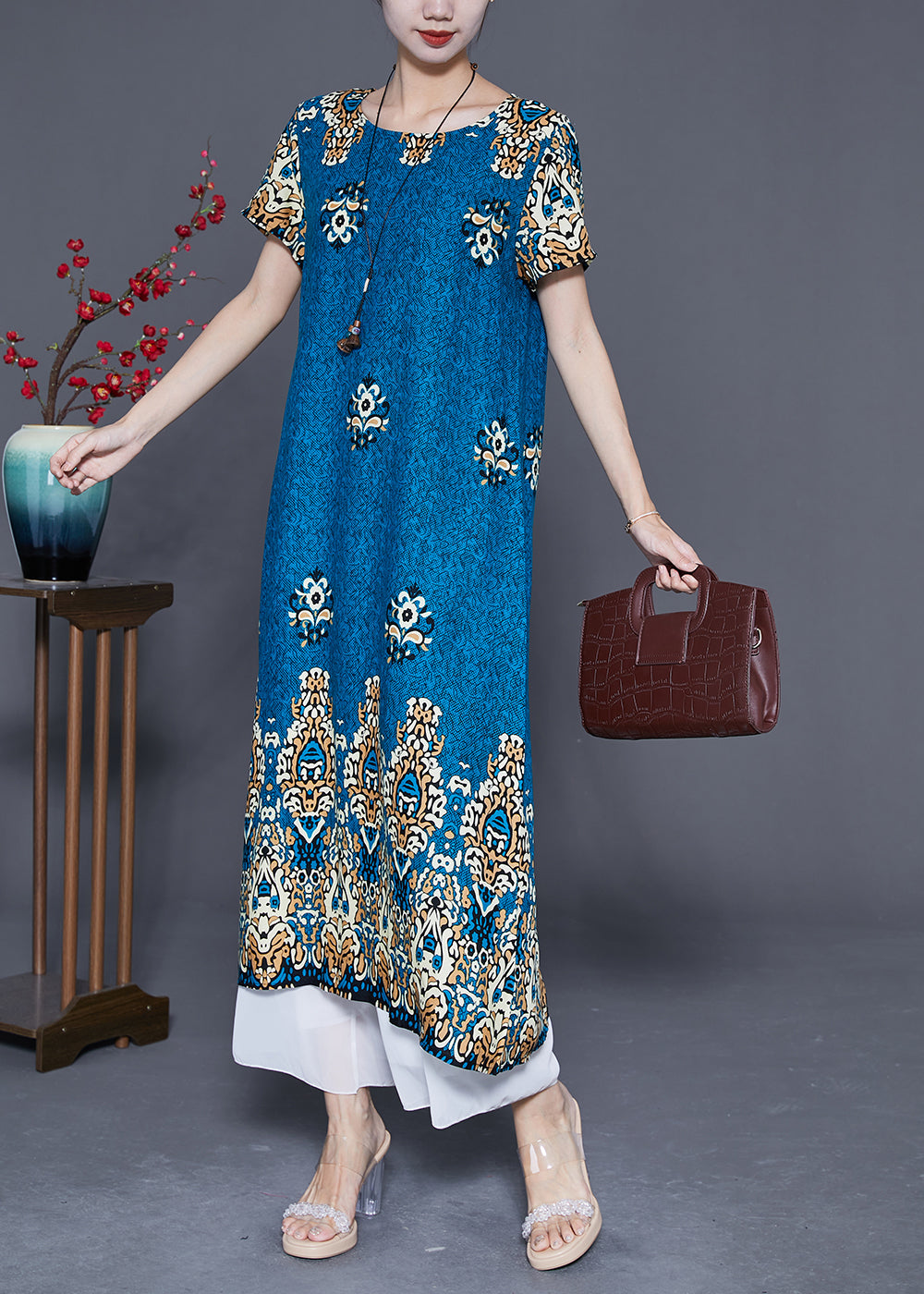 Peacock Blue Print Cotton Party Dress Oversized Summer