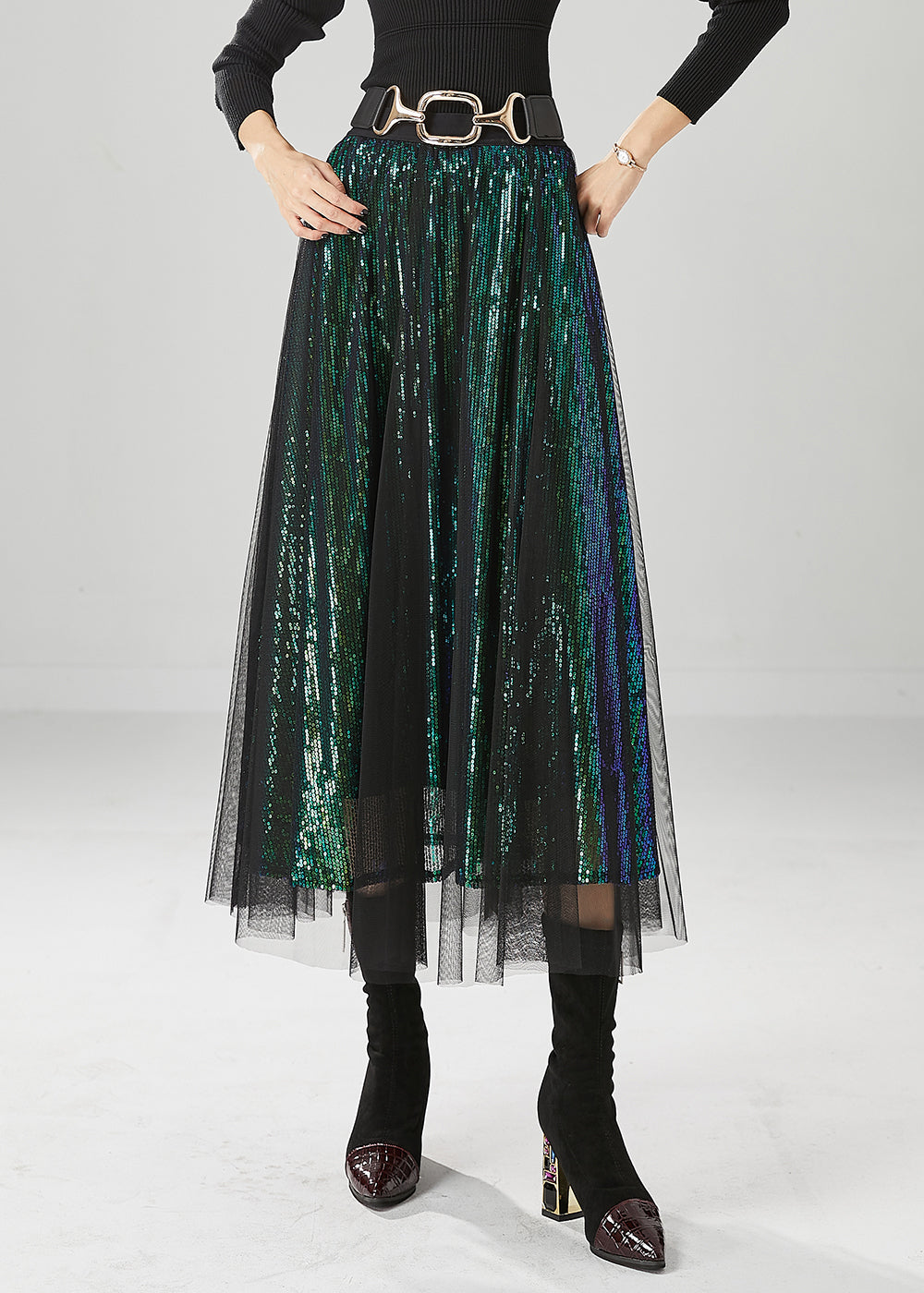 Peacock Green Silm Fit Tulle A Line Skirts Sequins Fall