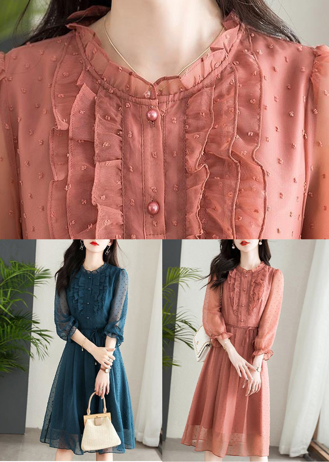 Pink Button Patchwork Chiffon Dresses O Neck Half Sleeve