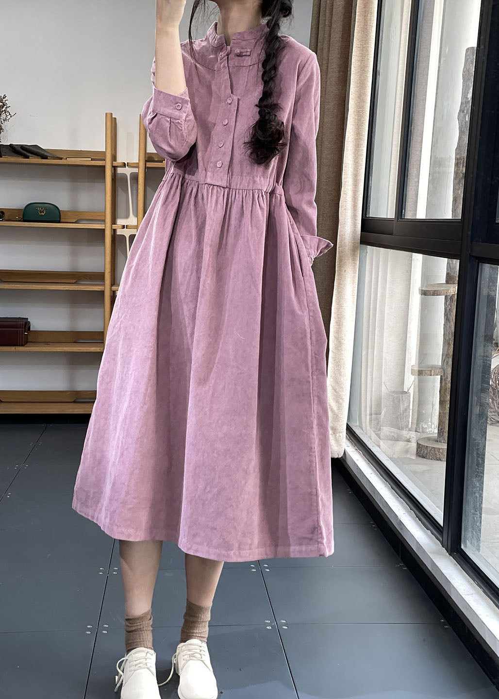 Red Button Pockets Corduroy Dresses Winter