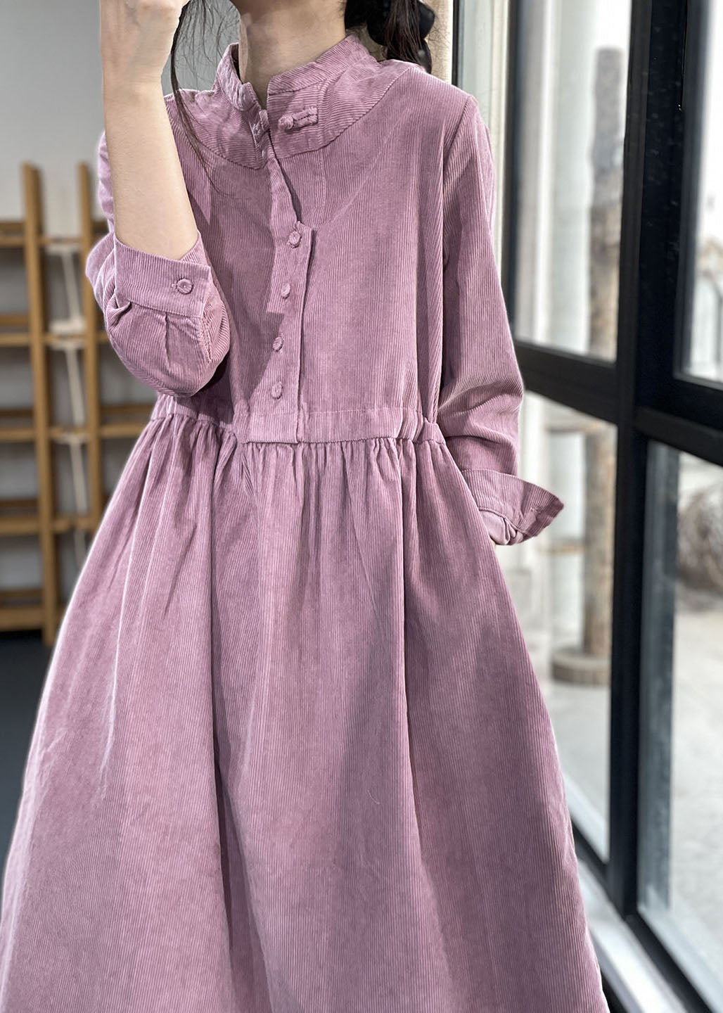 Purple Button Pockets Corduroy Dresses Winter