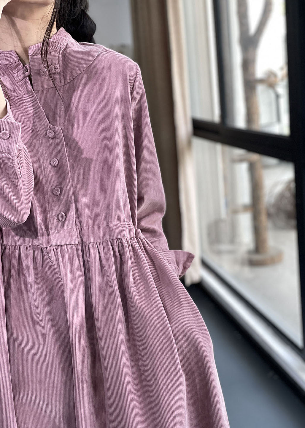 Purple Button Pockets Corduroy Dresses Winter