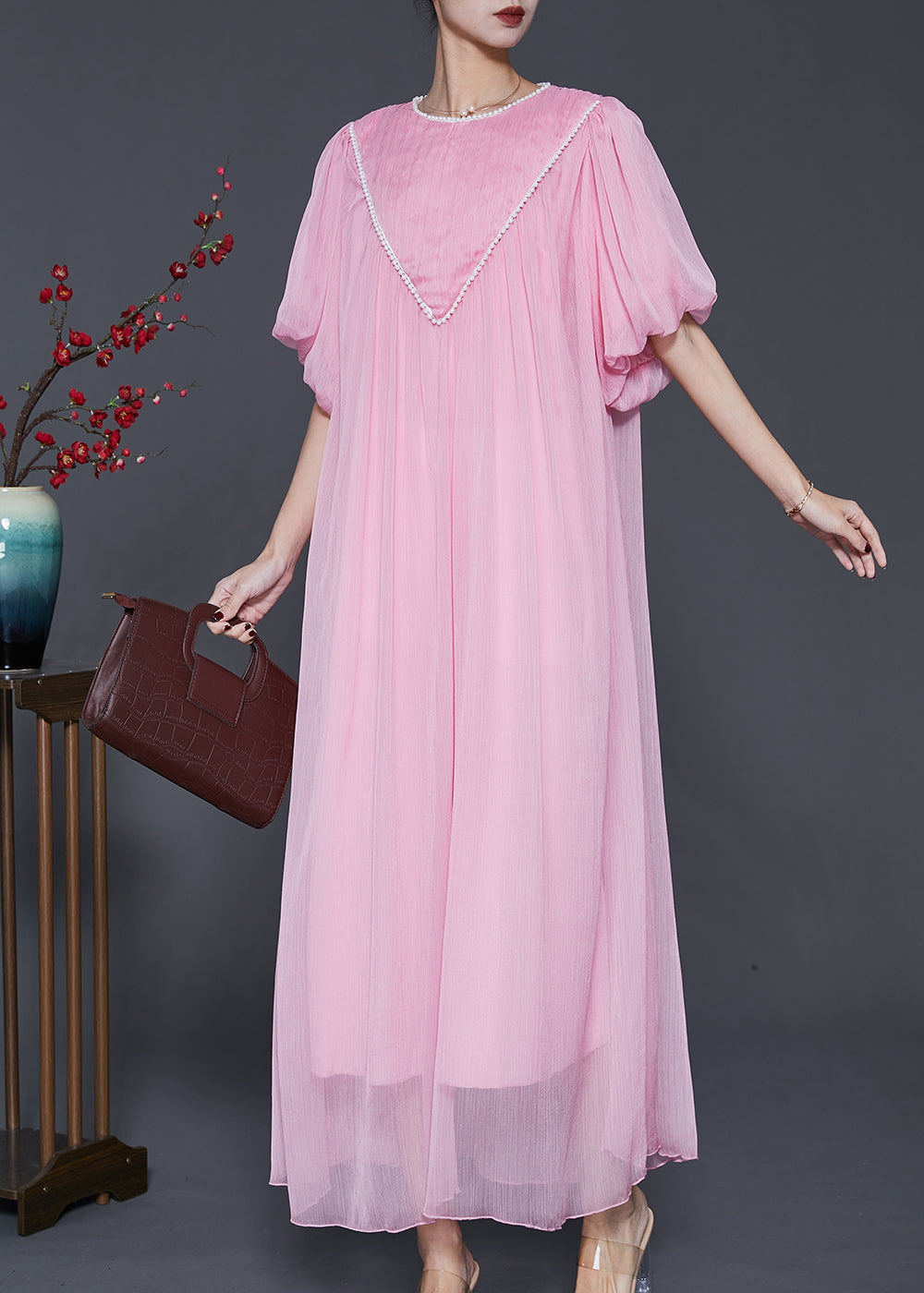 Pink Chiffon Maxi Dress Exra Large Hem Nail Bead Lantern Sleeve