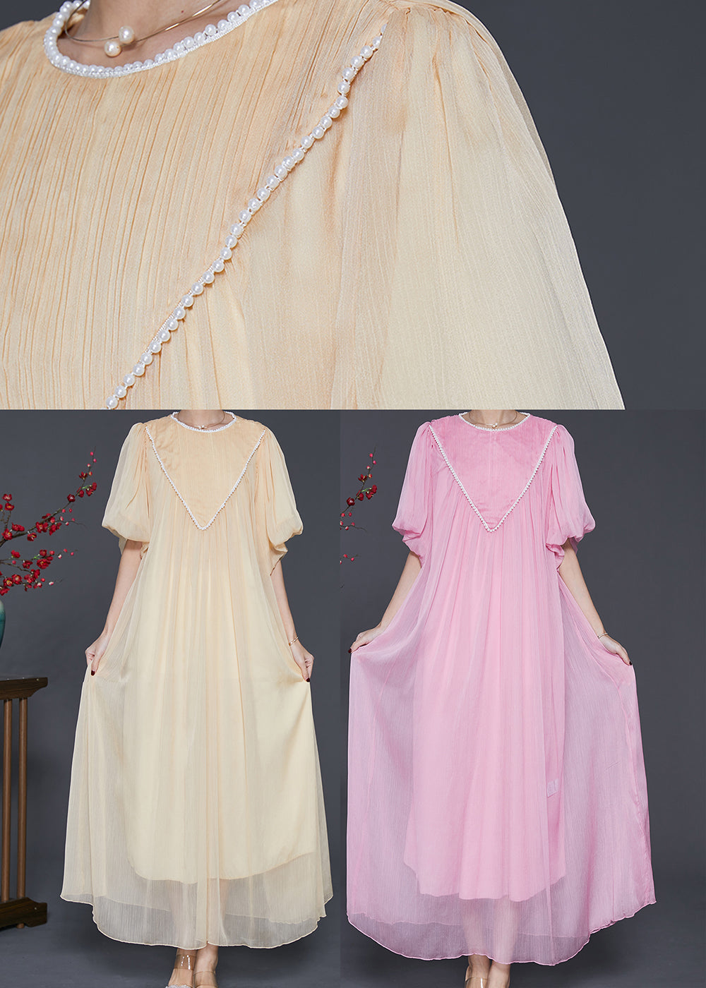 Pink Chiffon Maxi Dress Exra Large Hem Nail Bead Lantern Sleeve