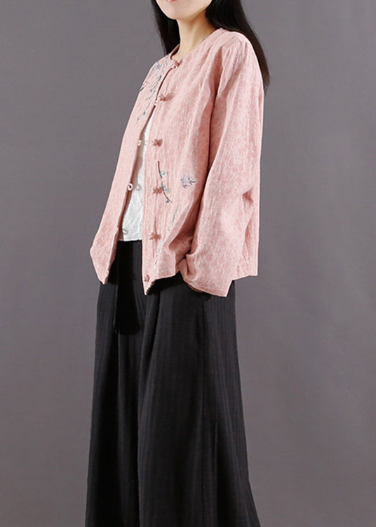 Pink Chinese Button Patchwork Cotton Coat Jacquard Long Sleeve