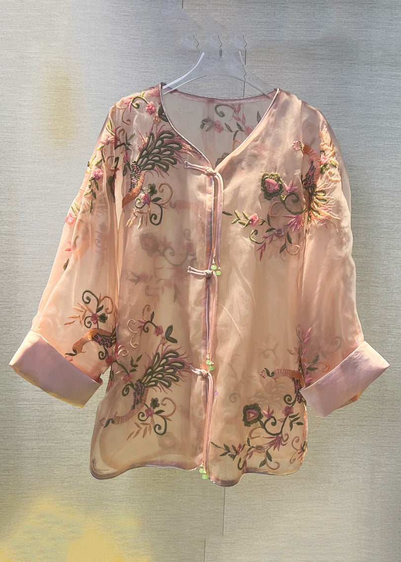 Pink Chinese Button Patchwork Tulle Shirt V Neck Long Sleeve